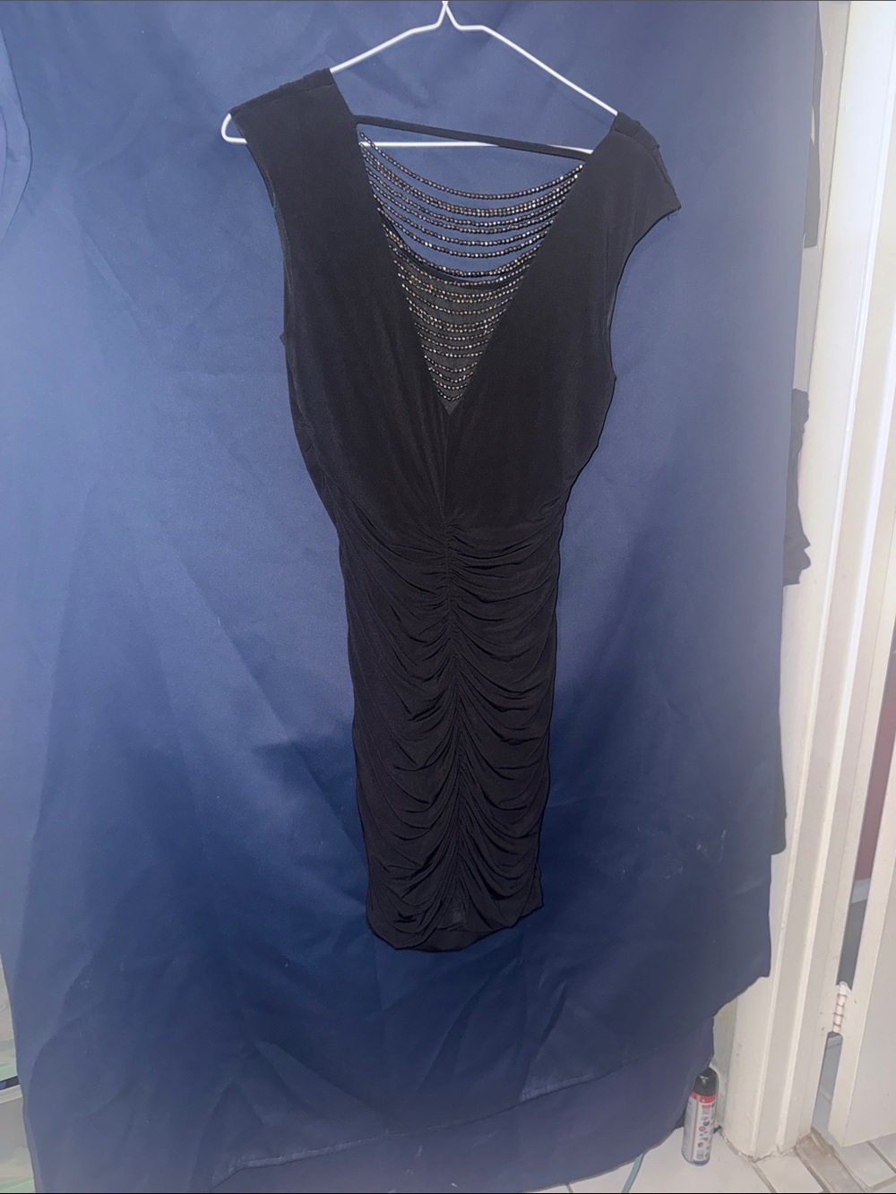 Black Ruched V-Neck Evening Dress with Beaded Back